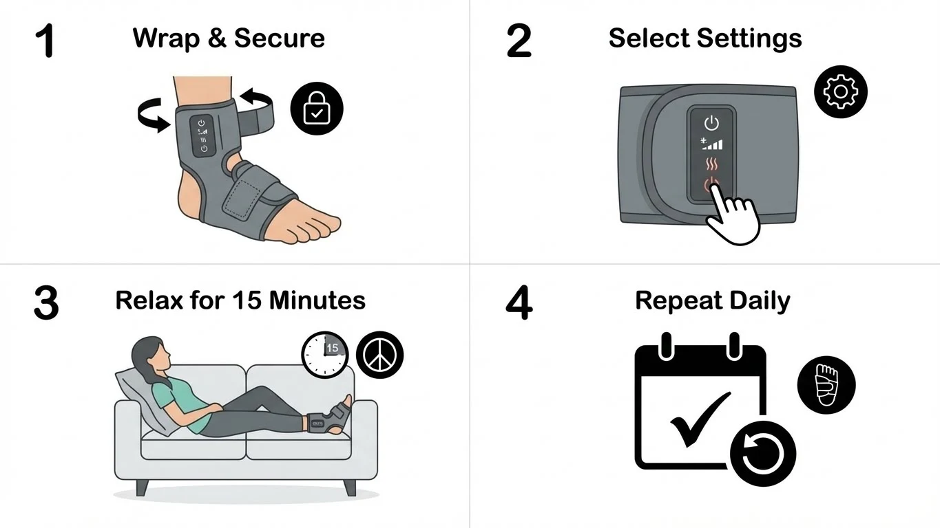 Step-by-step guide showing how to strap on and use FootRenew